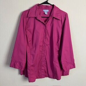 Jessi L Women's 2X Fuchsia Cotton Blend 3/4 Sleeve Button Up Tunic Barbiecore‎